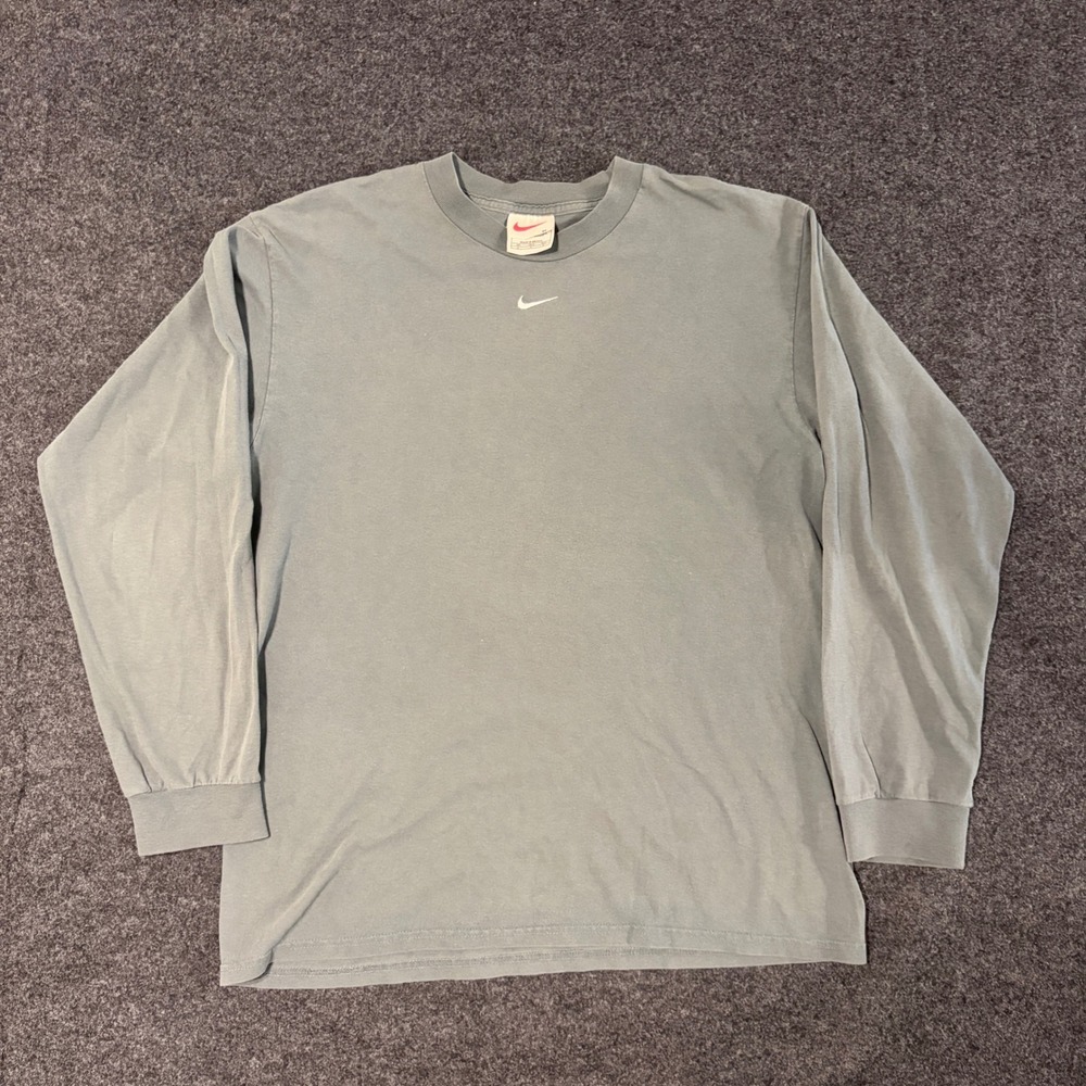 90s Nike Mens Center Swoosh Long Sleeve T-Shirt Sage Green Medium Vintage